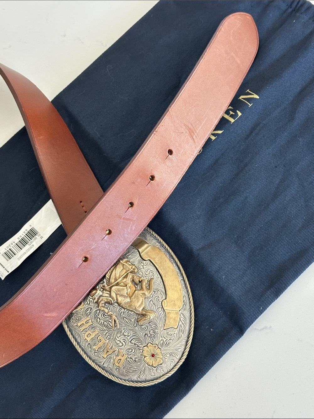 Ralph Lauren Rodeo-Buckle Vachetta Leather Wide Belt - Picture 8 of 9